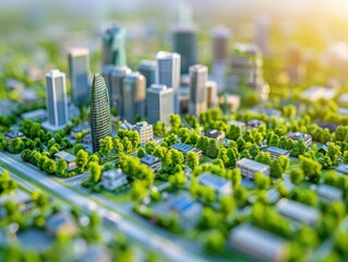 A miniature cityscape with lush greenery. AI.