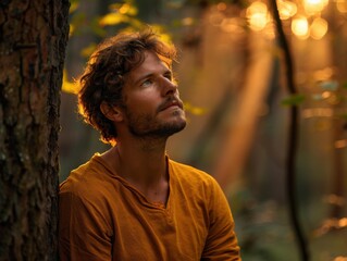 A man in the forest looks up at the golden light. AI.