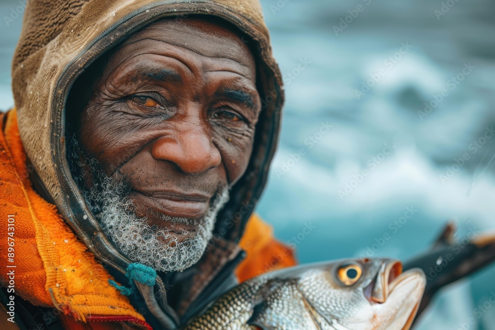 Wall mural A man holding a fish with a proud smile. AI.