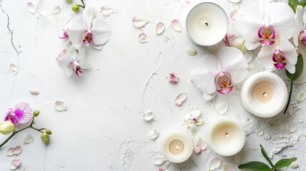Spa preparation with candles and orchids on white background top view frame with room for text