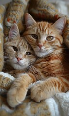 Two ginger cats cuddling up in a blanket. AI.