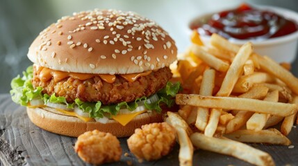 Delicious Burger with French Fries and Nuggets