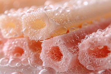 Fototapeta premium Pink and white food submerged in water with air bubbles. AI.