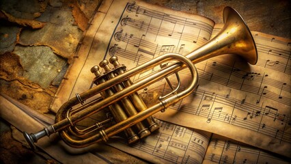 Obraz premium Elegant, worn trumpet rests on aged, yellowed sheet music, evoking nostalgia and sophistication in a timeless, classical music setting.