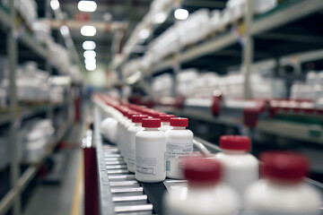 White Bottles with Red Lids Moving on a Conveyor Belt in a Factory