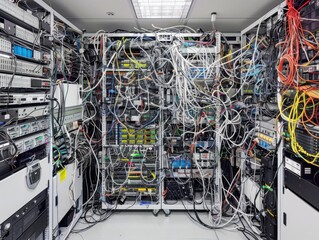A messy server room with tangled cables. AI.