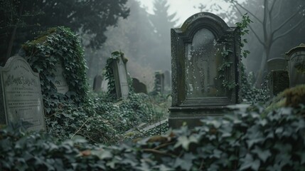 Fototapeta premium Overgrown Gravestones in a Forgotten, Haunted Cemetery