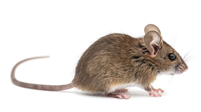 House mouse Mus Musculus with raised tail facing away on white background