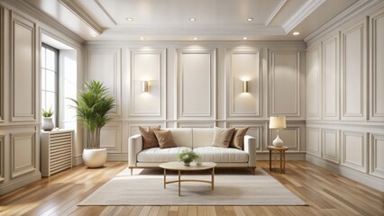 Sleek contemporary interior with empty white paneling wall background, timeless classical design, and light beige hardwood floors in neutral tones.