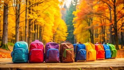 Fototapeta premium Colorful school backpacks aligned in a row against a vibrant autumnal forest backdrop, evoking a sense of organized readiness.