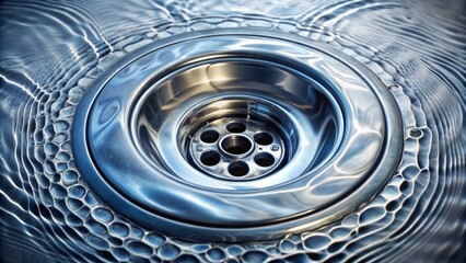 Shiny metal sink drain hole filled with calm clear water reflecting surrounding darkness with subtle circular waves and minute bubbles.