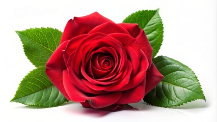 Isolated gorgeous red rose with lush green leaves on pristine white background, perfect for romantic and elegant designs.