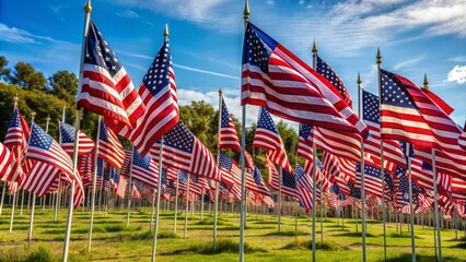 Obraz premium Vibrant patriotic display of multiple American flags waving in the wind, showcasing bold stars and stripes with rich, vivid colors.