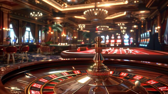 Luxurious Casino Interior with Roulette Table and Slot Machines