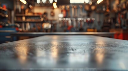 Metal Tabletop with Blurry Workshop Background