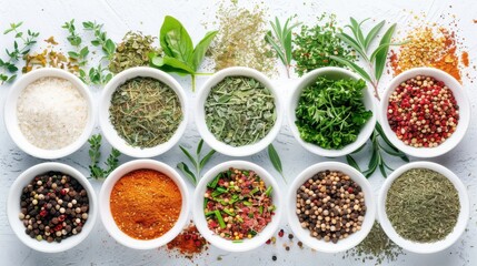 Dry and fresh herbs with colorful spices