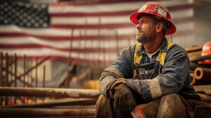 A construction worker is depicted at rest on a job site. He is seated with arms resting on his knees, wearing a red hard hat and heavy-duty gloves, and appears pensive or reflective. His attire includ