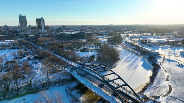 Aerial Fly Through of Fort Wayne Winter Skyline and MLK Bridge