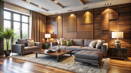 Richly textured wood panels adorn the walls of a luxurious modern living room with sleek lines and subtle warmth emanating.