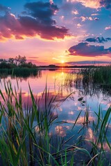 Serene lake with tall grass at sunset reflecting vibrant colors of the sky wideangle shot