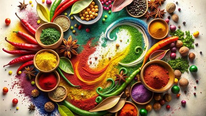 Vibrant, stylized AI-generated illustration of assorted colorful spices in artistic swirls, surrounded by clean white space for text overlay.