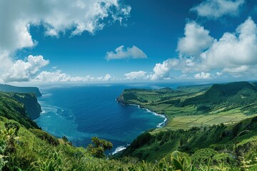 Fototapeta premium Stunning Panoramic View of Flores Island, Azores, Portugal, Lush Green Mountains and Dramatic Coastline