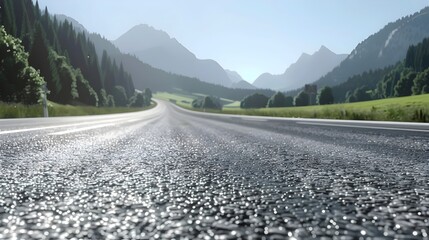 Journey Through Tranquil Mountain Roads: Serene Scenery of a Sunlit Highway Winding Through Forested Valleys and Majestic Mountain Ranges