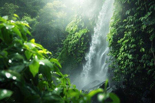 Detailed View of Gitgit Waterfall, Powerful Flow and Balinese Jungle Greenery