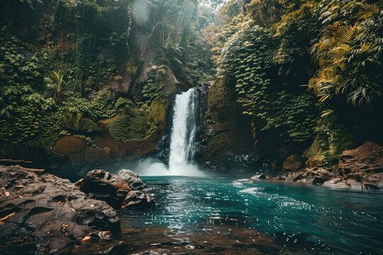 Captivating Gitgit Waterfall in Bali, Lush Tropical Foliage and Serene Pool