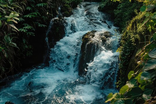 Detailed View of Gitgit Waterfall, Powerful Flow and Balinese Jungle Greenery