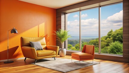 Vibrant orange accent wall energizes a serene modern interior corner with plush armchair and expansive floor-to-ceiling window illumination.