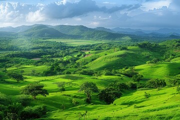 Obraz premium Scenic Ecotourism Spot: Green Hills and Sustainable Practices