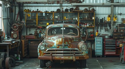 Rusty Classic Car in a Well-Equipped Garage