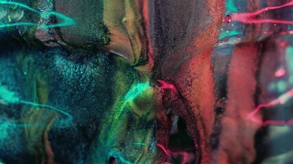 Wet glitter splash. Fluid spill. Blur metallic colorful shiny texture ink pouring drip neon light abstract art background. - Powered by Adobe