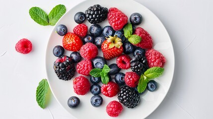 Obraz premium Ultra-sharp photograph of a flat lay with assorted berries and mint leaves on a white plate