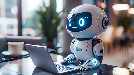 cute white artificial intelligence robot with a Laptop in the office room, office robot, working robot