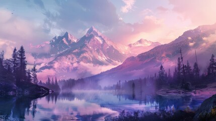Fototapeta premium A peaceful mountain landscape at dawn, with a clear lake reflecting the surrounding peaks, mist rising, and a pastelcolored sky