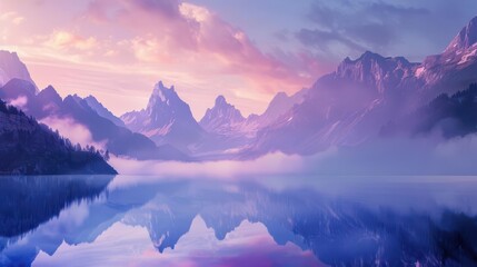 A serene mountain landscape at dawn, with a calm lake reflecting the surrounding peaks, mist rising, and a pastelcolored sky