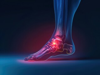 Anatomical diagram of a foot with a glowing red highlight on the ankle, indicating injury or pain, clear depiction of bones and tendons, set against a dark, gradient background