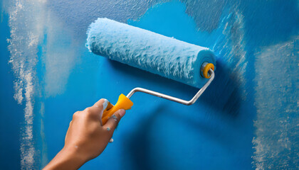 painting a wall with roller.a hand using a roller to apply blue paint to a wall, emphasizing the texture of the paint and the dynamic motion