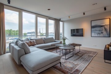 Modern living room with gray sofa and coffee table. Northwest, USA