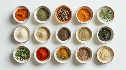 Minimalist flat lay of assorted spices in small bowls on a clean surface