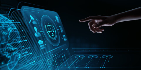 Legal and law concept. Human Hand Touching Futuristic Virtual Screen with scales, gavel and court...