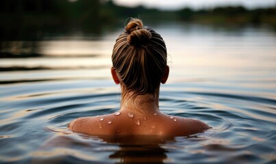 Fototapeta premium Woman Enjoying a Refreshing Dip in a Lake on a Hot Summer Day