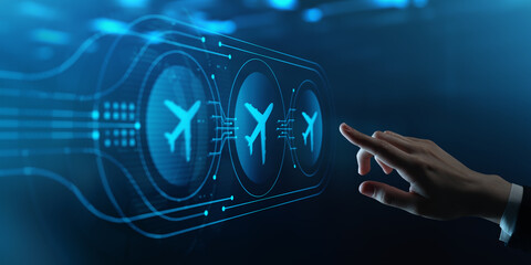 Human Hand Touching Futuristic Virtual Screen with Plane Airplane digital icon. Transportation concept