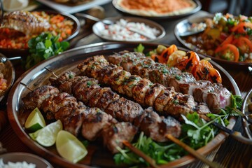 Grilled Meat Skewers with Lime Wedges and Greens on a Wooden Plate