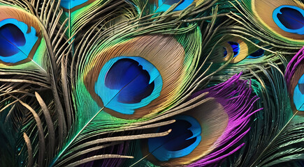Fototapeta premium A vibrant illustration of peacock feathers in an extreme close-up, highlighting the vivid colors and intricate patterns, with space for text.