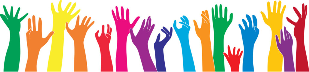 Raised up icon for Multiethnic Diverse Hands , colorful..