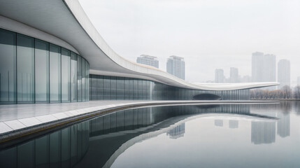 Fototapeta premium Modern building with curved shape reflecting in water on a foggy day