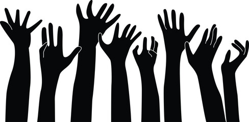 Raised up icon for Multiethnic Diverse Hands  , Black and white..